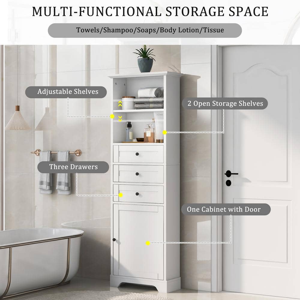 Unbranded Modern 22 in. W x 10 in. D x 68.3 in. H White Tall Linen Cabinet with 3 Drawers and Open Shelves (3)