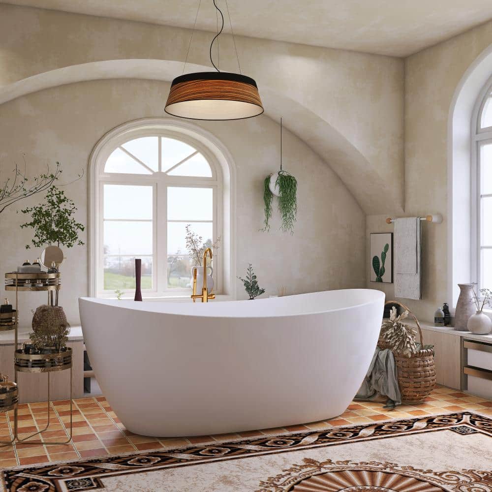 POCCI&VANCCI 63 in. X 30in. Freestanding Bathtubs Solid Surface Stone Soaking Tubs Matte White With Drain (2)