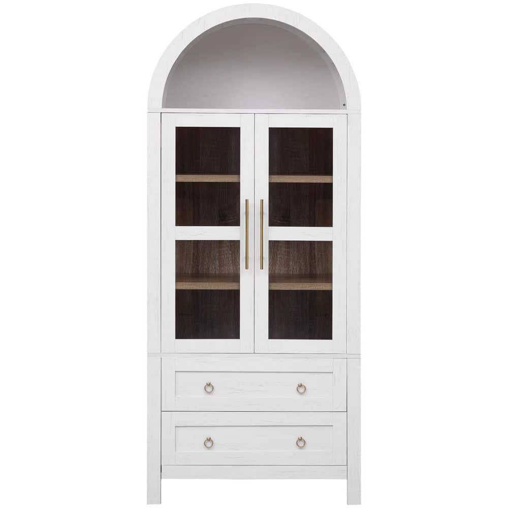 Ximuprmy Modern 30 in. W 16 in. D 71 in. H Wood Arched Freestanding Linen Cabinet with Glass Door and 2-Drawers (3)