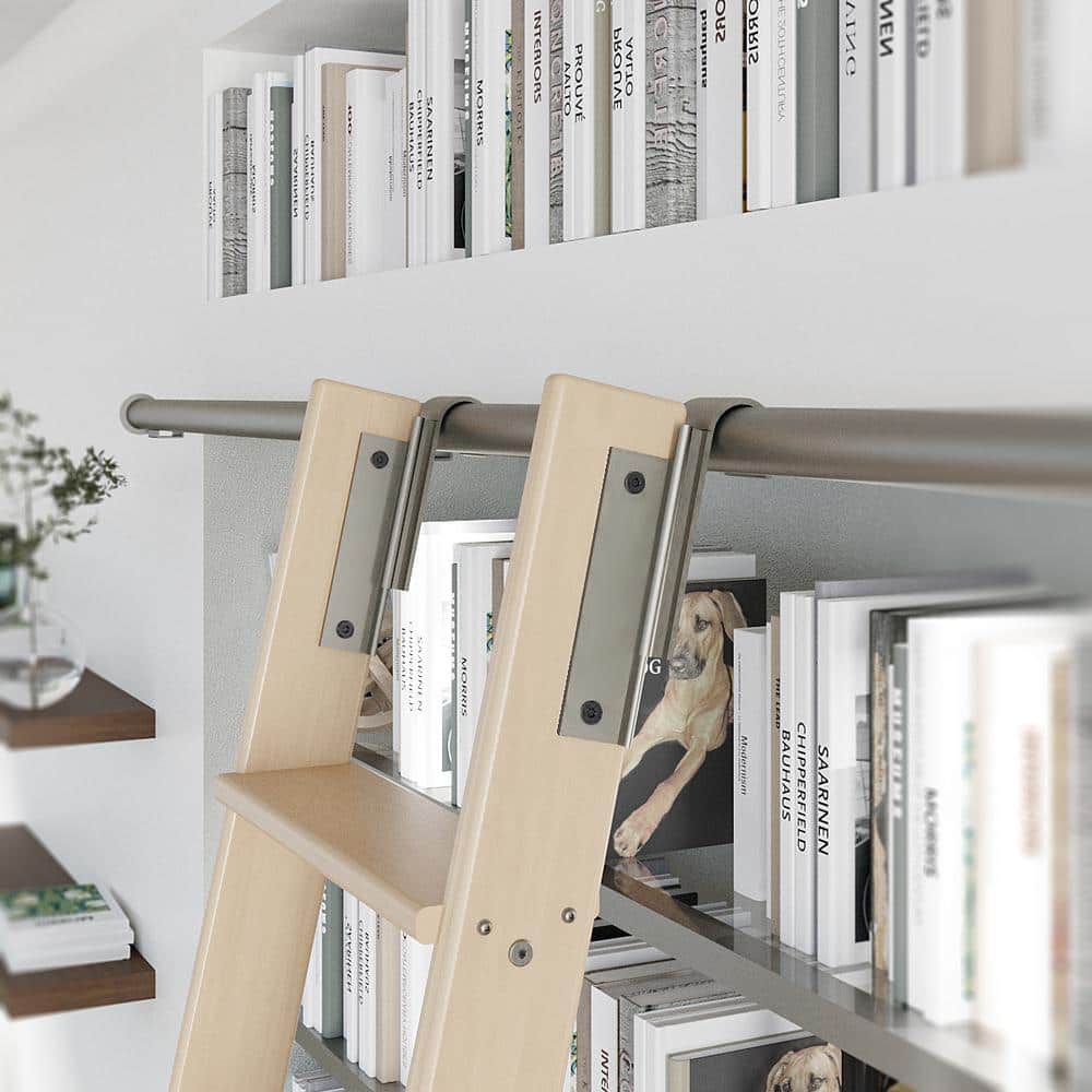MEADOW LANE 92 in. Clear Pre-Finished Maple Library Ladder (104 in. Reach) Satin Nickel Top Hook Ladder Kit with 12 ft. Rail (3)