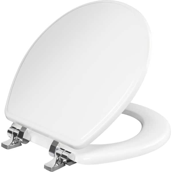 BEMIS Weston Round Soft Close Enameled Wood Never Loosens Chrome Metal Hinge Toilet Seat in White
