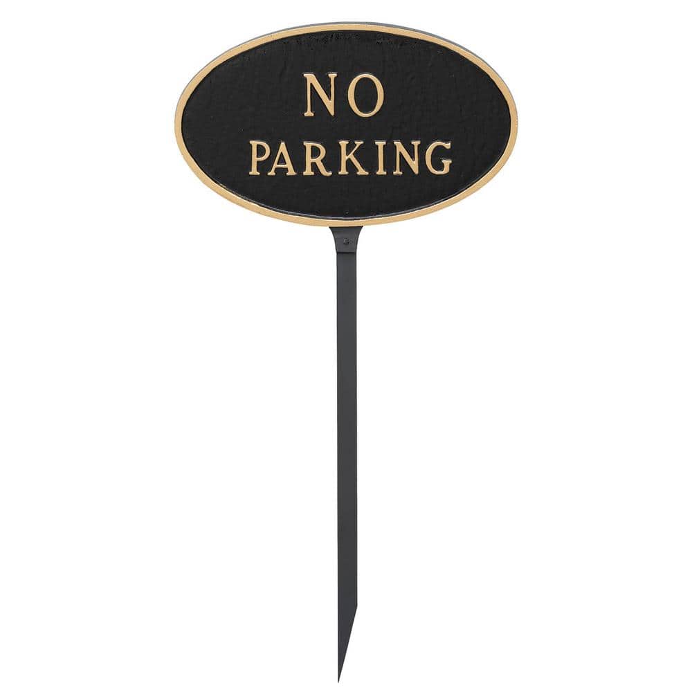 Montague Metal Products 6 in. x 10 in. Small Oval No Parking Statement Plaque Sign with 23 in. Lawn Stake, Black with Gold Lettering (2)
