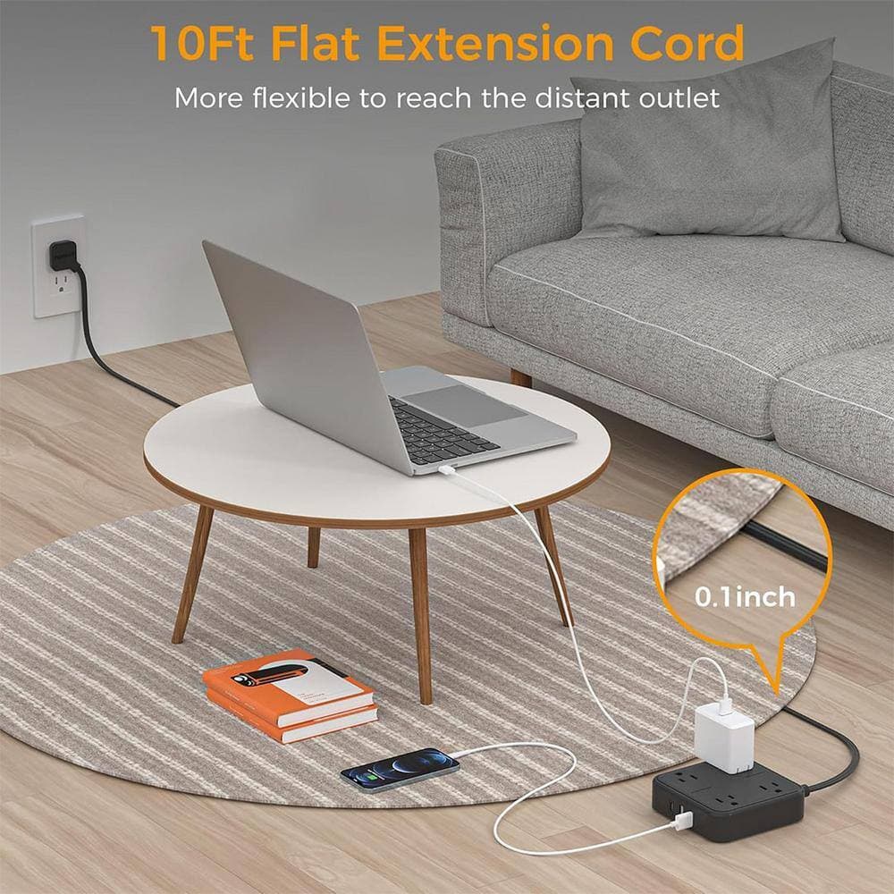 Yichuhaoxi Black Flat Extension Cord 10 FT Power Strip 10 Feet with 4 Widely Outlets 3 USB Wall Charger Ultra Thin Long Power Cord (2)