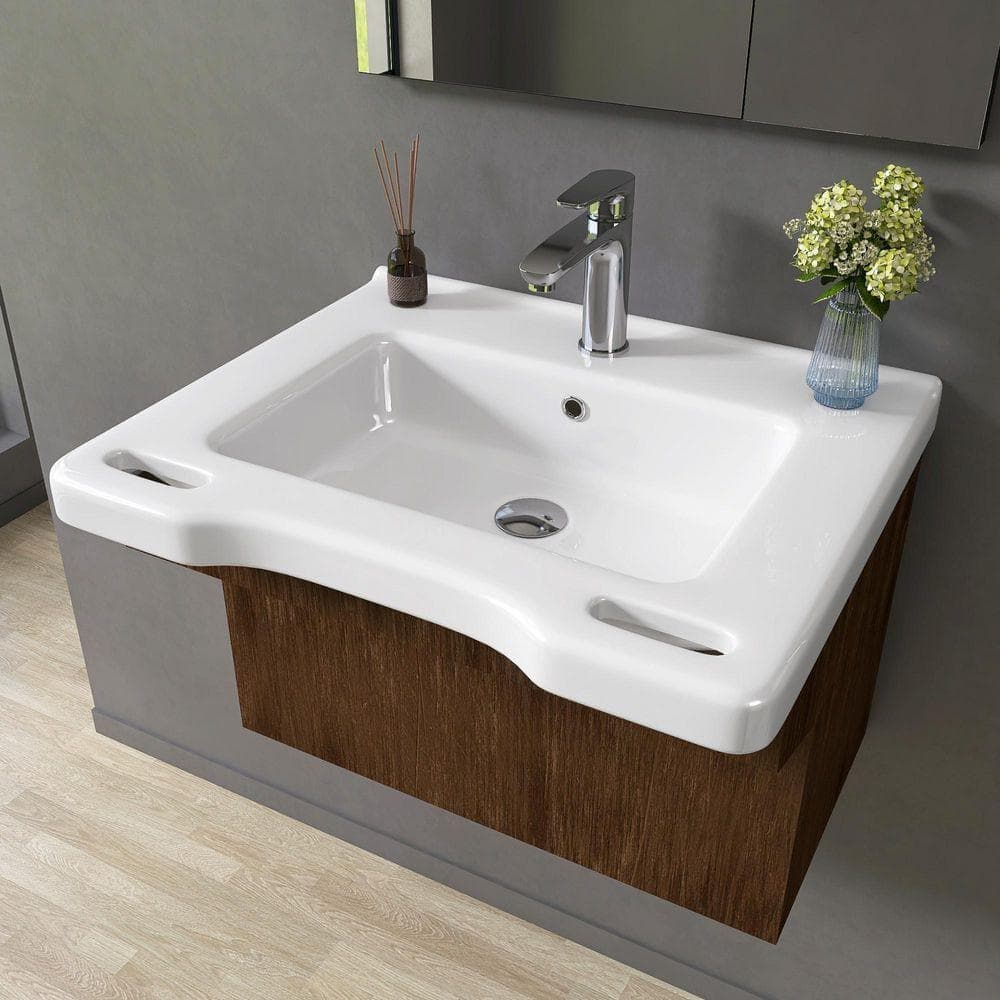 NTQ 23.6 in. x 19.6 x 5.3 in. Rectangular ADA Ceramic Wall Mount Vessel Sink Wall Hung with Center Faucet Hole in White (2)