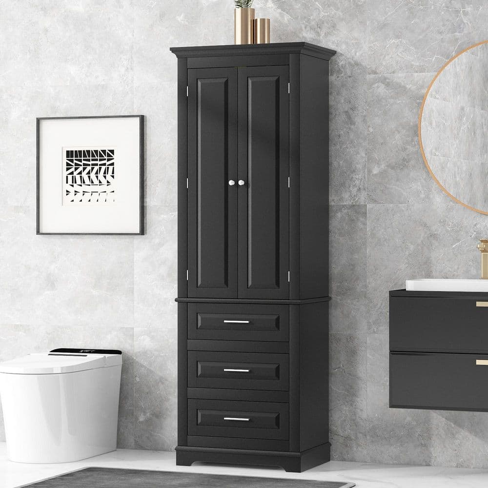 YSQCAR 24 in. W x 16 in. D x 70 in. H Black MDF Freestanding Linen Cabinet with Door, Drawer, Adjustable Shelf (2)