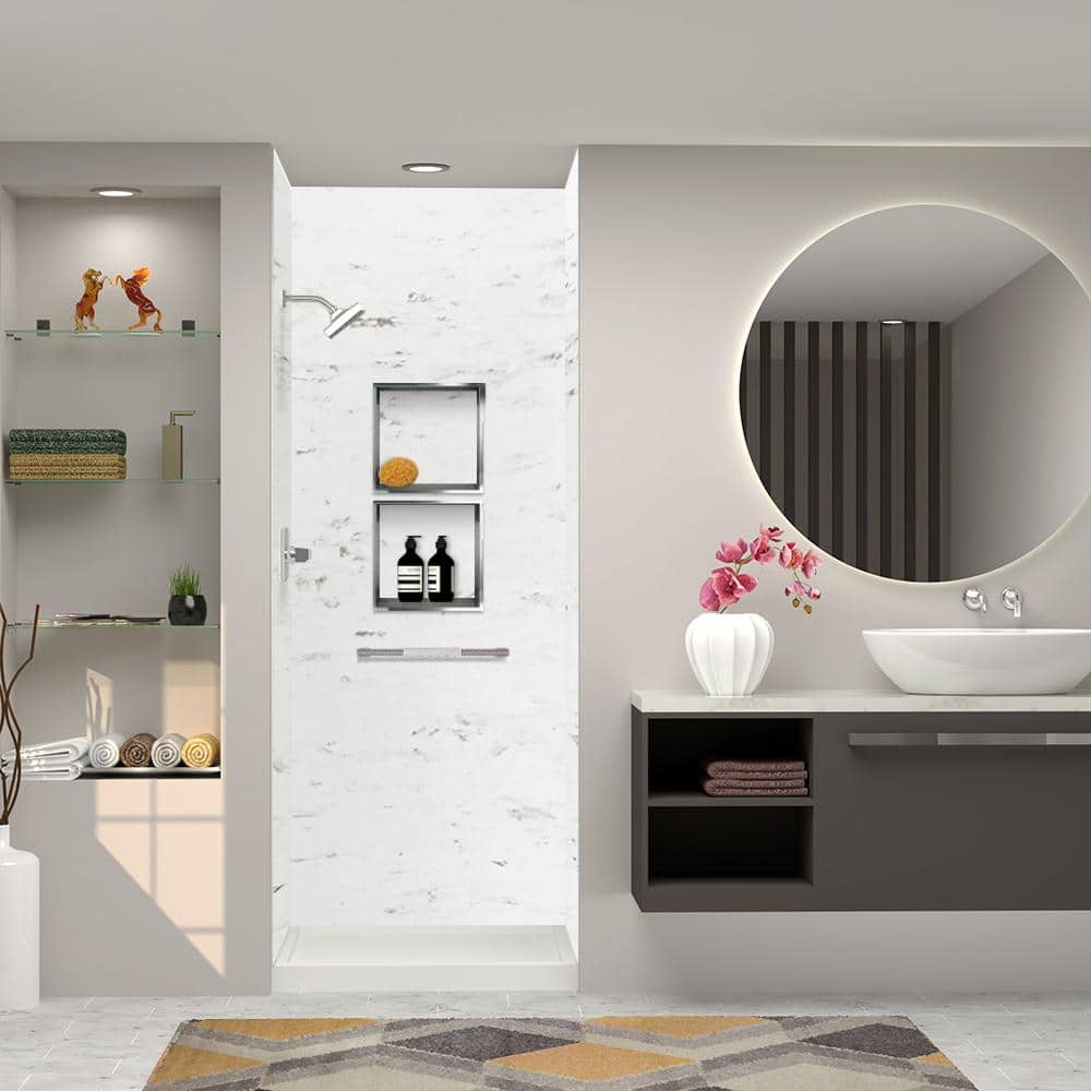 Transolid Saramar 36 in. W x 96 in. H x 36 in. D 3-Piece Glue to Wall Alcove Shower Wall Kit in. White Venito Velvet (2)