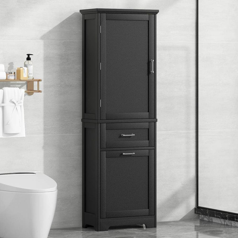 Unbranded 68.4 in. Tall Bathroom Storage Cabinet Black Freestanding Linen Cabinet with 2 Different Size Drawers ＆ Adjustable Shelf (2)