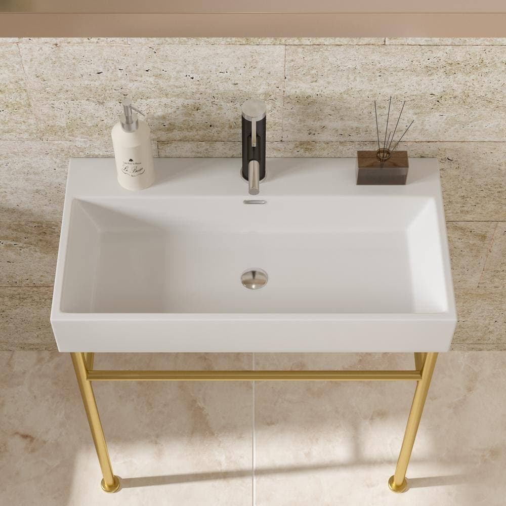 Zeus & Ruta Ceramic White Single Bowl Console Sink with Basin and Leg (2)