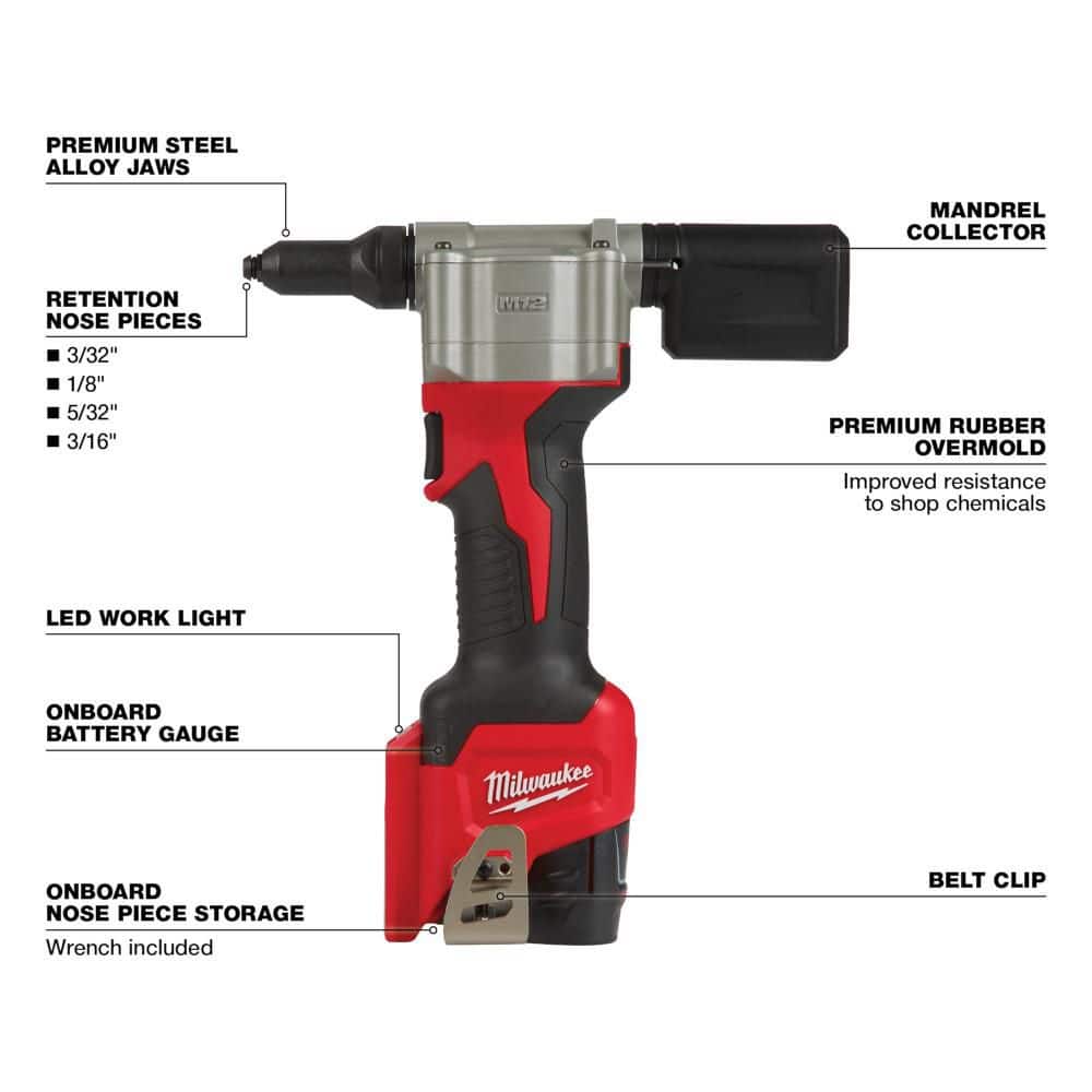 Milwaukee M12 12-Volt Lithium-Ion Cordless Rivet Tool Kit W/M12 Grease Gun (3)