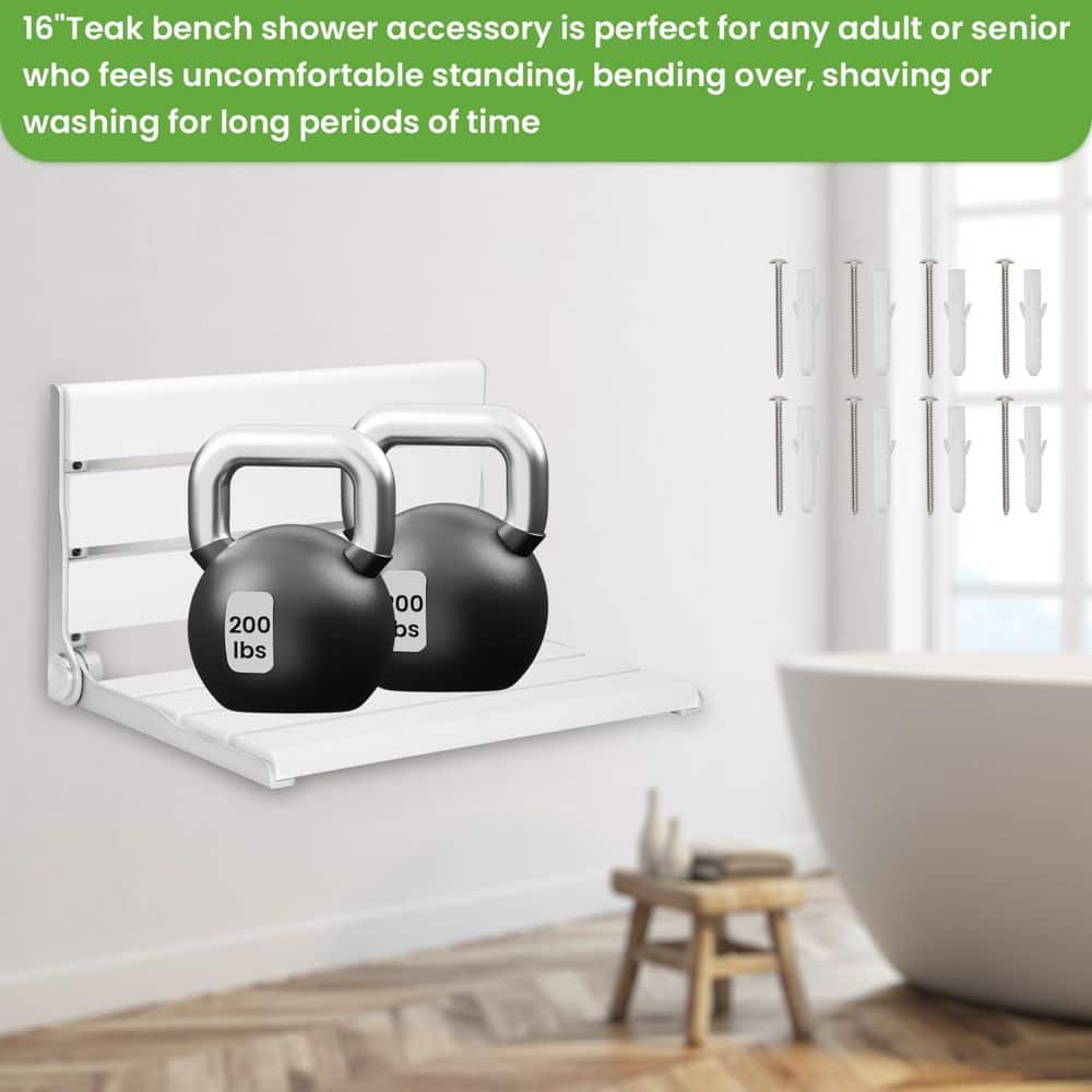 Wudkey 16 in. Wall Mounted Folding Teak Shower Seat in White, Shower Bench for Disableds and Pregnants (3)