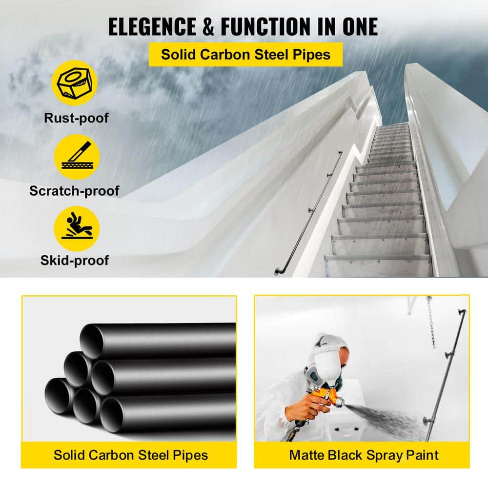 SVOPES Wall Mount Pipe Stair Handrail, 9 ft. Staircase Handrail, 106.2 in. H x 3.74 in. W, Black Carbon Steel Stair Railing Kit (3)