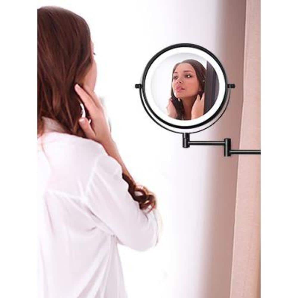 Tileon 21.2 in. W x 12 in. H Small Round 10X Magnifying Foldable Wall Bath Makeup Mirror with Built-in Battery in Black (2)
