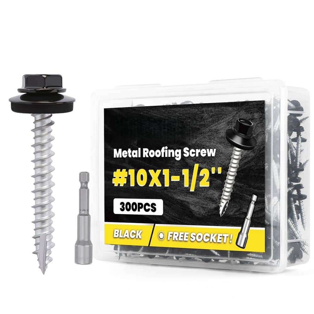xinyoec 300-Pack Black #10 x 1-1/2 in. Metal Roofing Screws with Hex Socket, Self Tapping Metal to Wood Siding Screws (1)