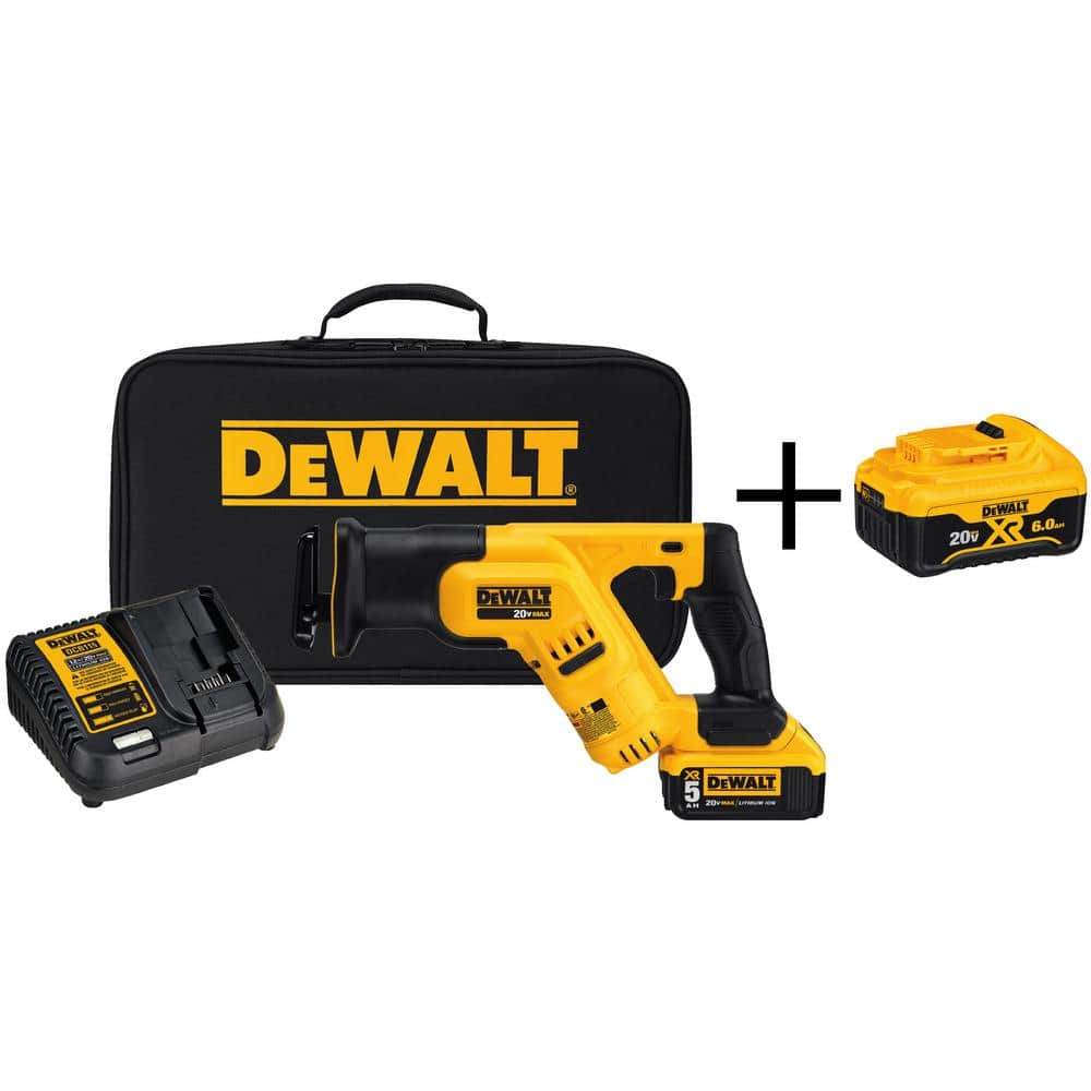 DEWALT 20V MAX Lithium-Ion Cordless Compact Reciprocating Saw with 20V 5.0Ah and 6.0Ah Batteries, Charger and Bag (1)