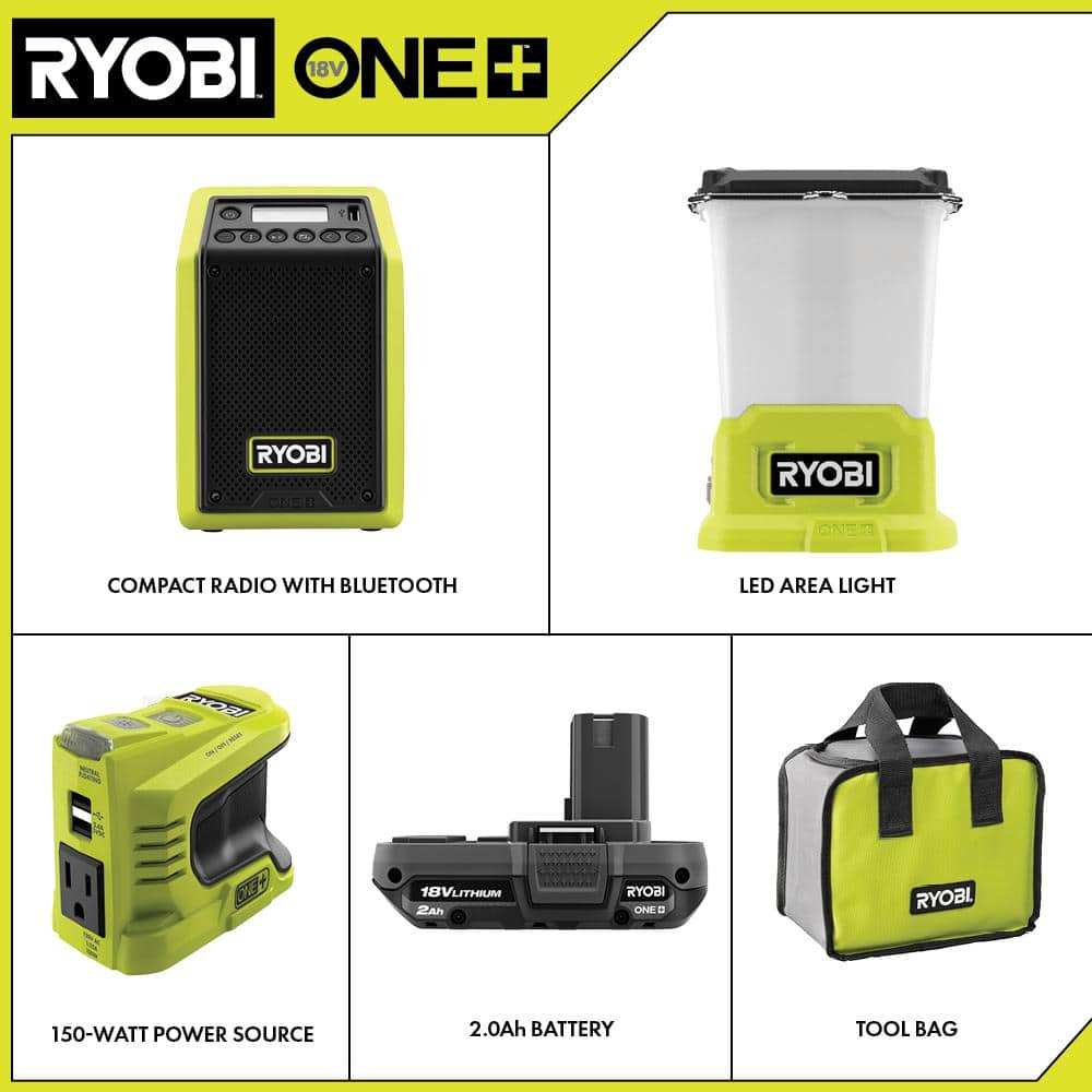 RYOBI ONE+ 18V Cordless 3-Tool Storm Combo Kit with Radio, Area Light, Power Inverter, 2.0 Ah Battery, and Charger (2)