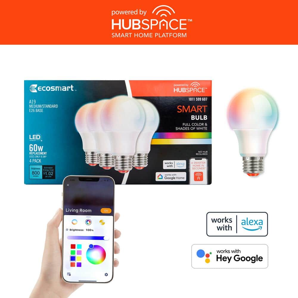EcoSmart 60-Watt Equivalent Smart A19 E26 Base Color Changing CEC LED Light Bulb with Voice Control (4-Bulb) Powered by Hubspace (2)