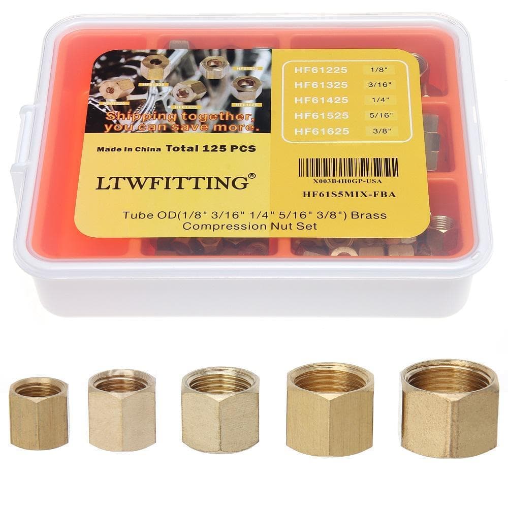 LTWFITTING Assortment Kit Tube OD 1/8" 3/16" 1/4" 5/16" 3/8" Brass Compression Nut Set (125-Pack) (1)