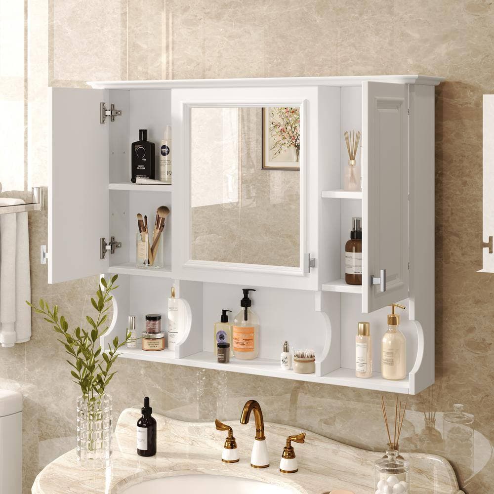 Sarlai 35 in. W x 28 in. D x 7.3 in. H Wall Mounted Bathroom Storage Wall Cabinet with Mirror and 2 Doors in White (3)