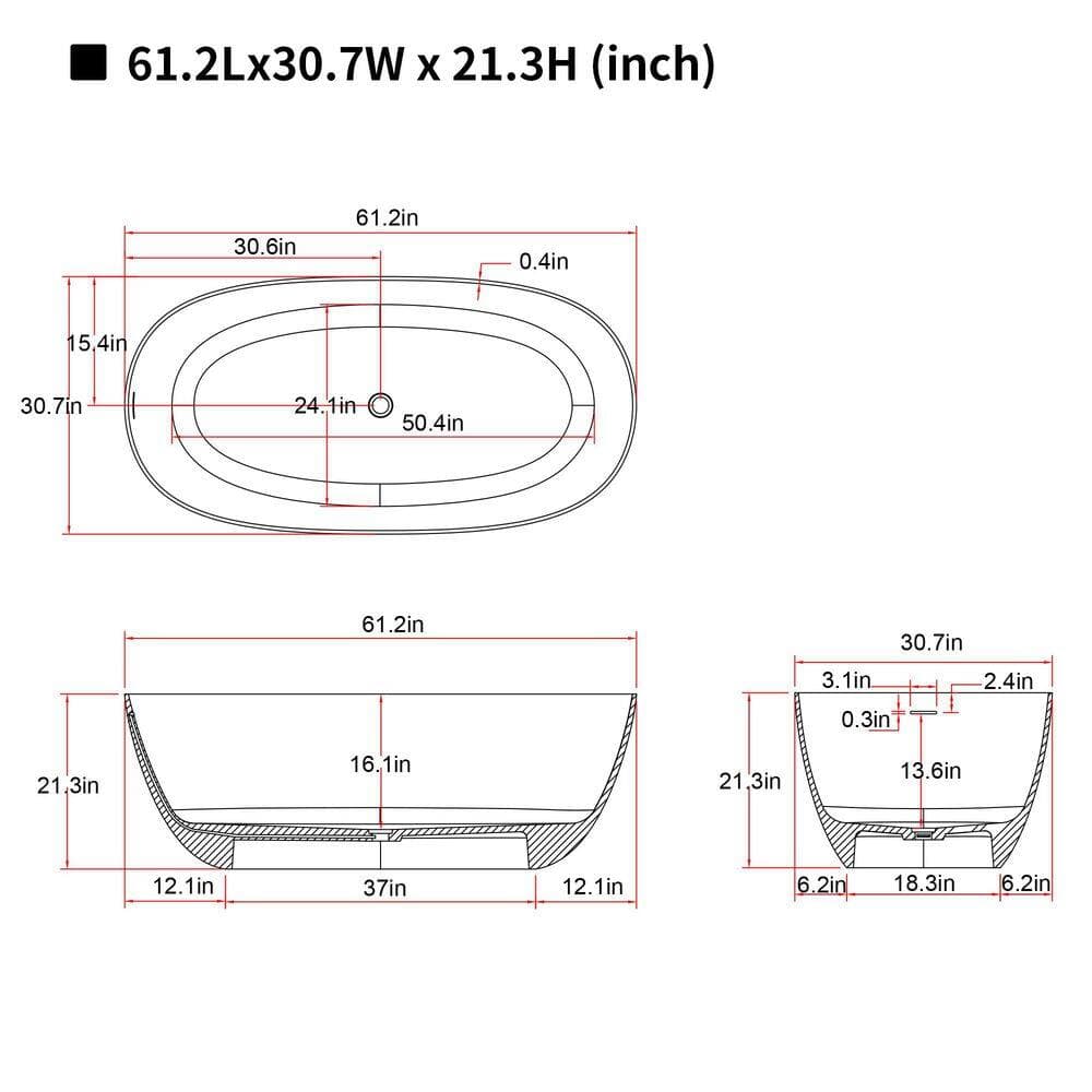 LIVACA 61.00 in. x 30.70 in. Soaking Freestanding Bathtub with Overflow and Pop-Up Drain in Orange Solid Surface Stone Resin (2)