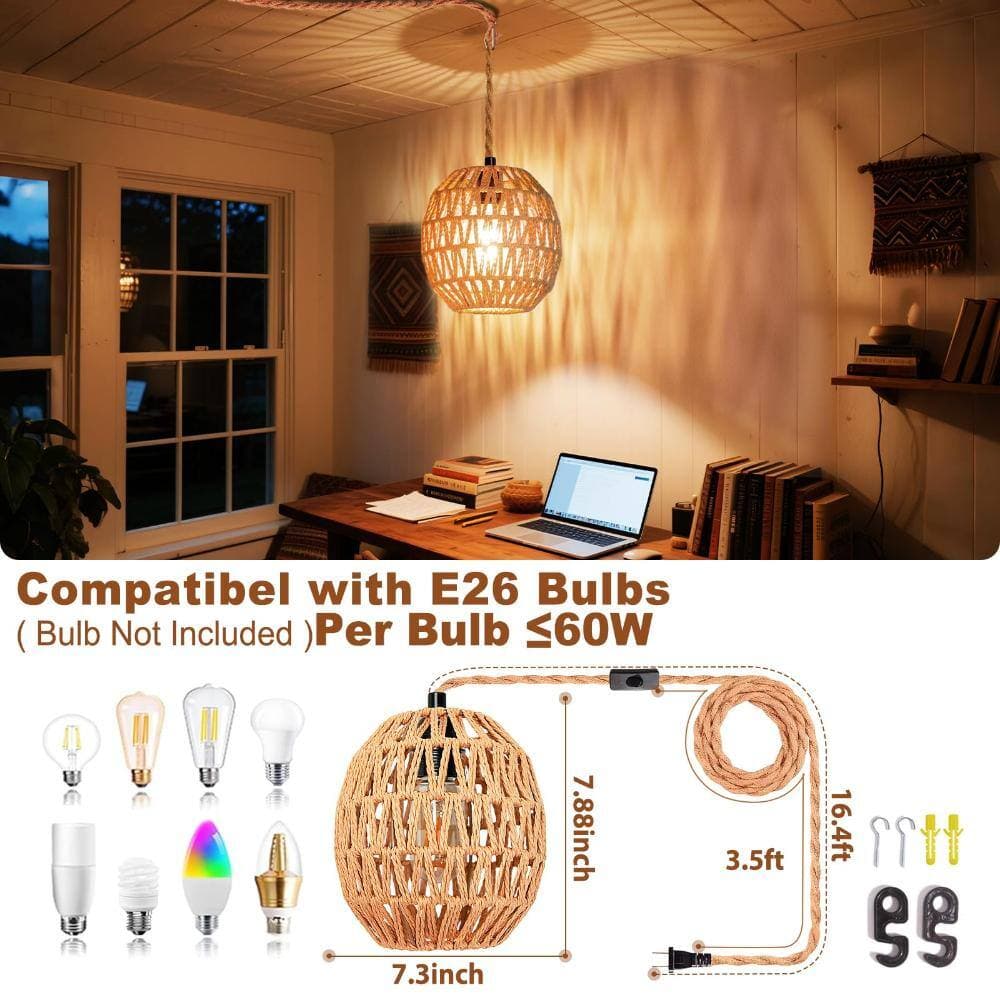 Unbranded Handwoven Rattan Plug-In Pendant Light with 16.4 ft Cord, Egg Shade Hanging Lamp, E26 Socket, On/Off Switch (2)