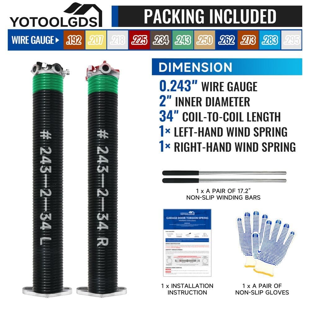 YOTOOLGDS 0.243 in. Wire x 2 in. x 34 in. L Electrophoresis Garage Door Torsion Springs in Green Left and Right with Winding Bars (2)