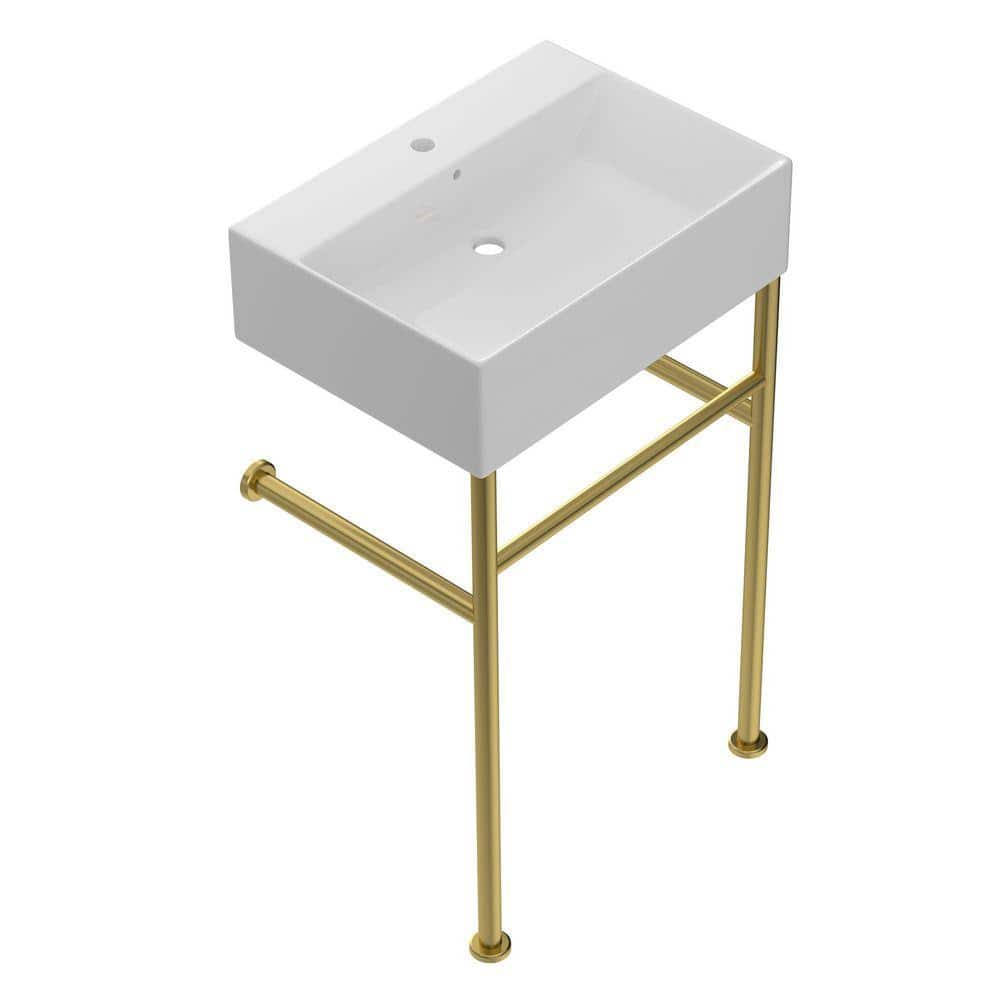 Dcolora 24 in. White Console Freestanding Bathroom Sink, Ceramic Basin Included Gold Support Legs With Overflow Hole (3)
