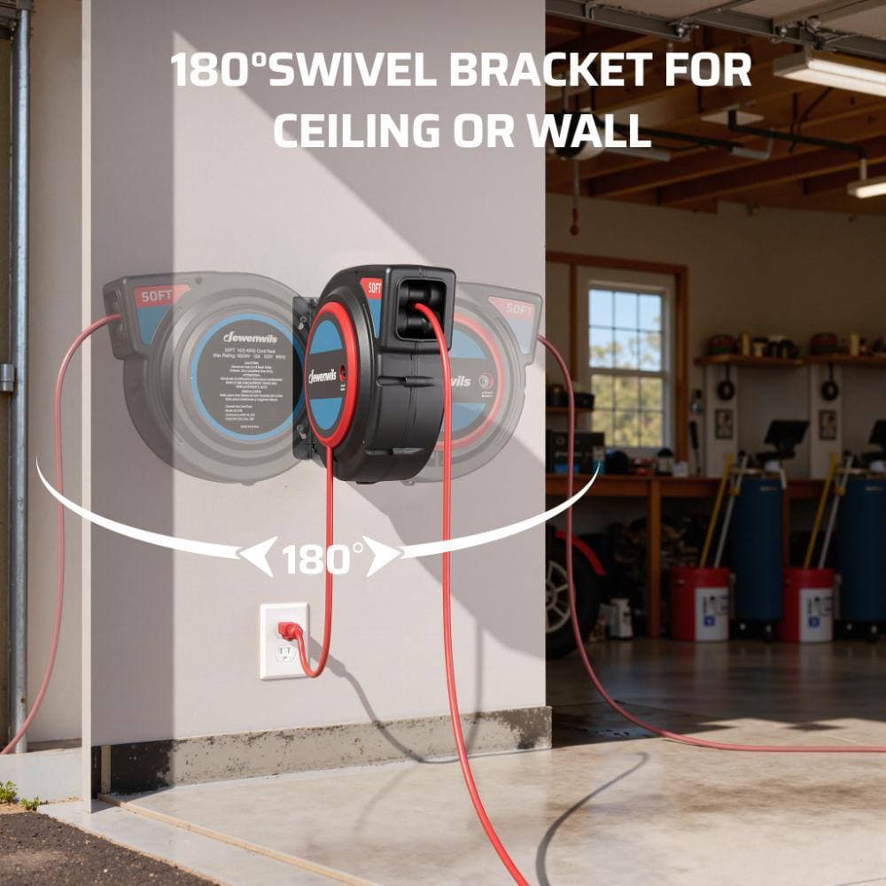 DEWENWILS 50 ft. 14/3 13A Circuit Breaker Retractable Extension Cord Reel with 3 Grounded Outlets, Ceiling/Wall, ETL Listed (3)