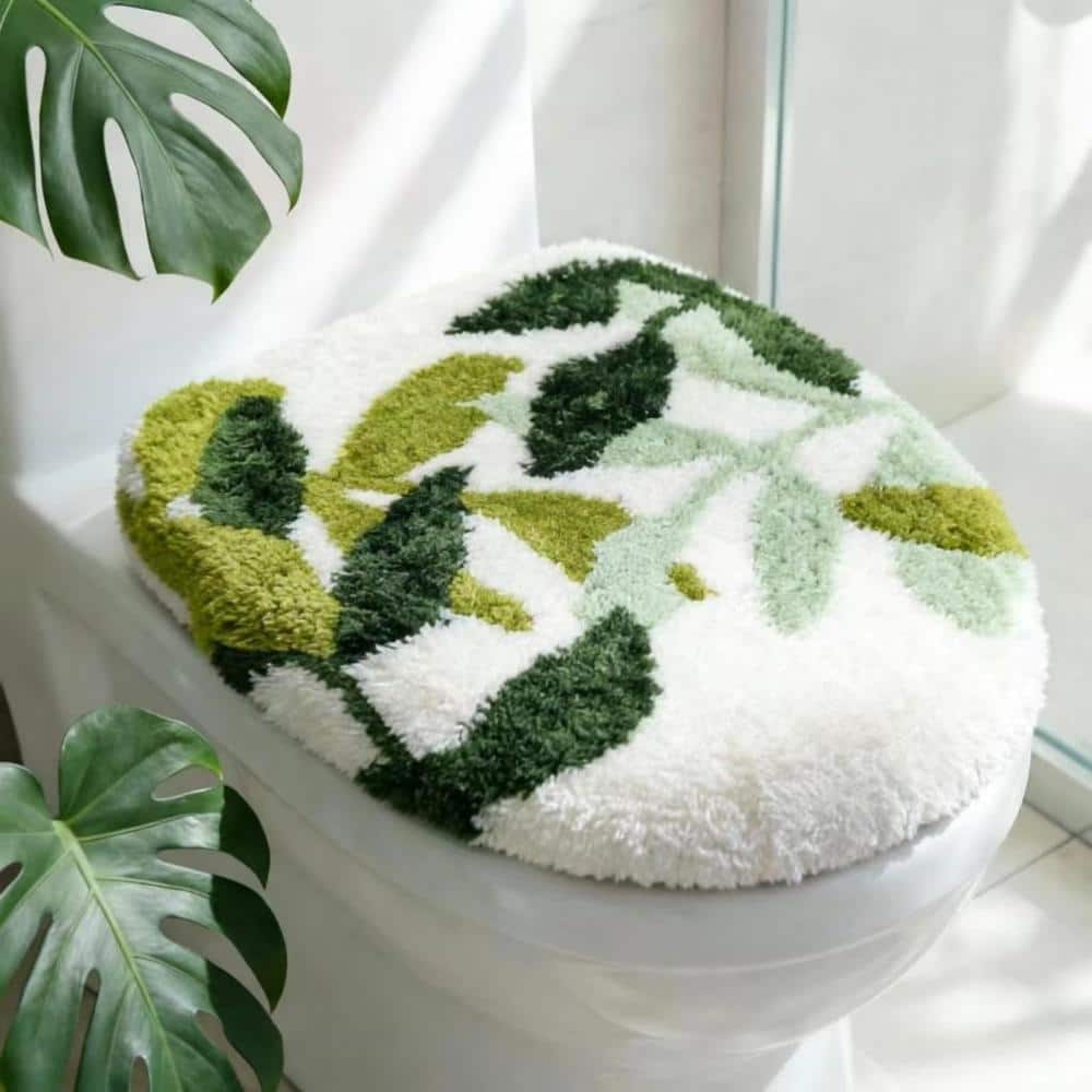 Unbranded Green Leaves Toilet Lid Cover 17.5 x 15 in. Microfiber Plush Tropical Non-Slip Round Elongated Lid Soft (3)