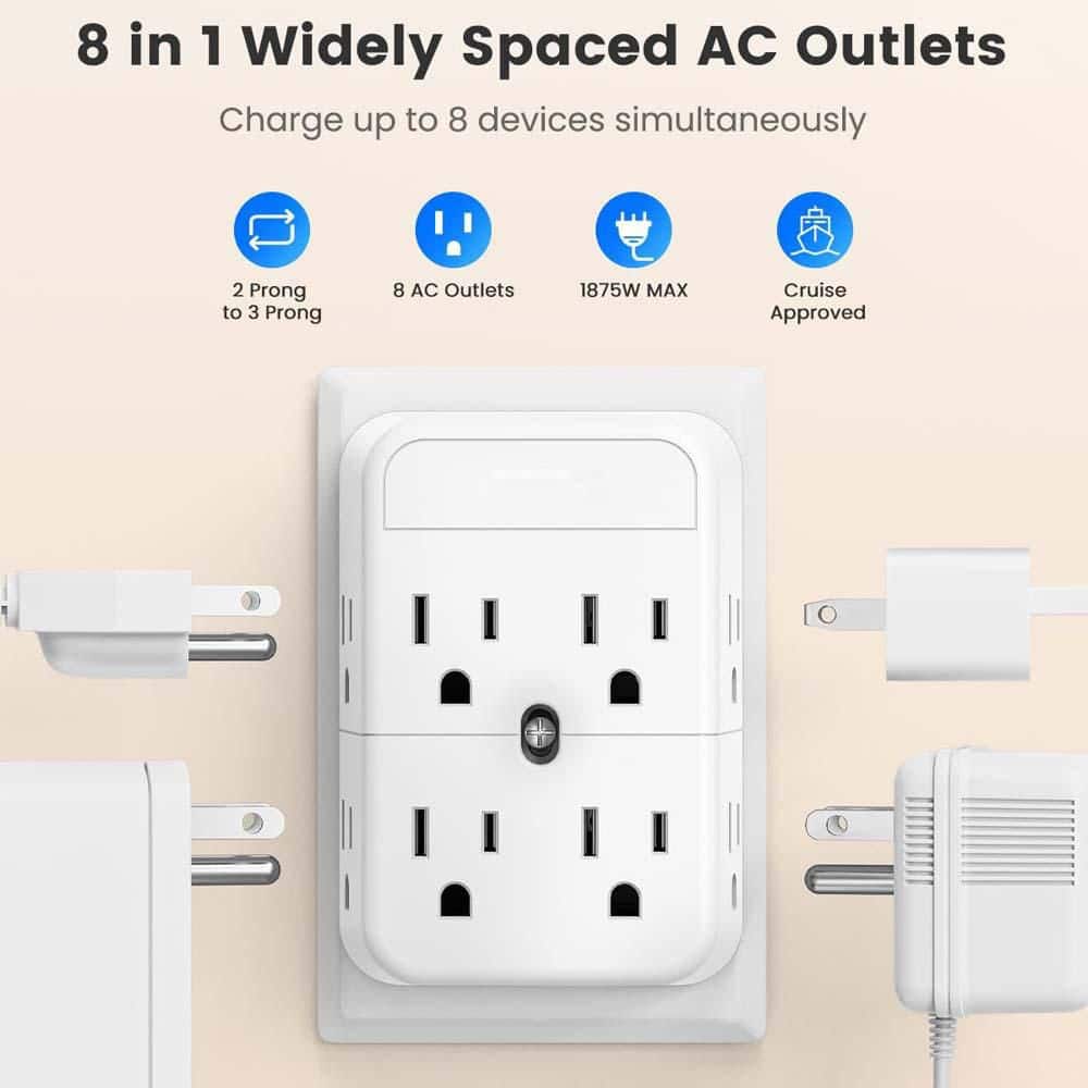 YICHUHAOXI 2 Prong to 3 Prong Outlet Adapter, 8-Outlets, Polarized Plug, 1875W Max Wall Tap Splitter, Secure Wall Mount, 2-Pack (3)