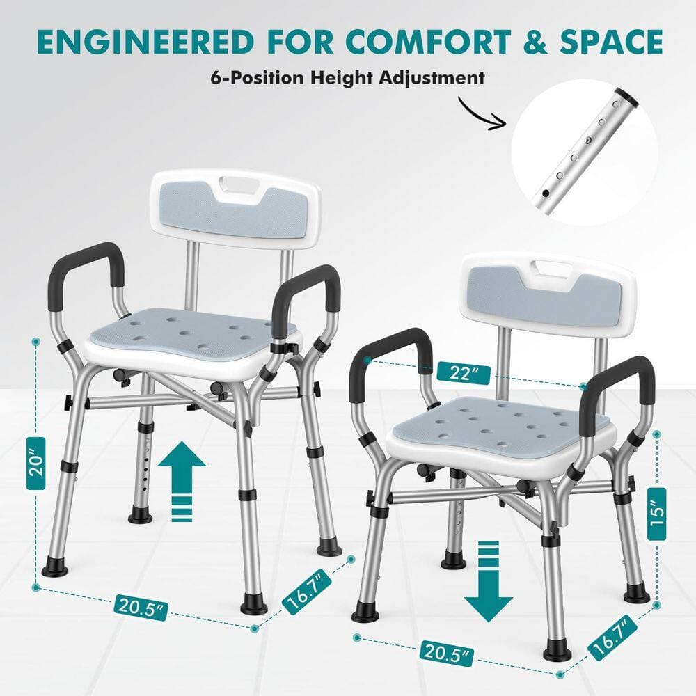 Wudkey 20.5 in. Aluminum Shower Chair with Removable Arms and Back for Elderly in White, 550 lb. Load Load, 6 Adjustable Height (2)