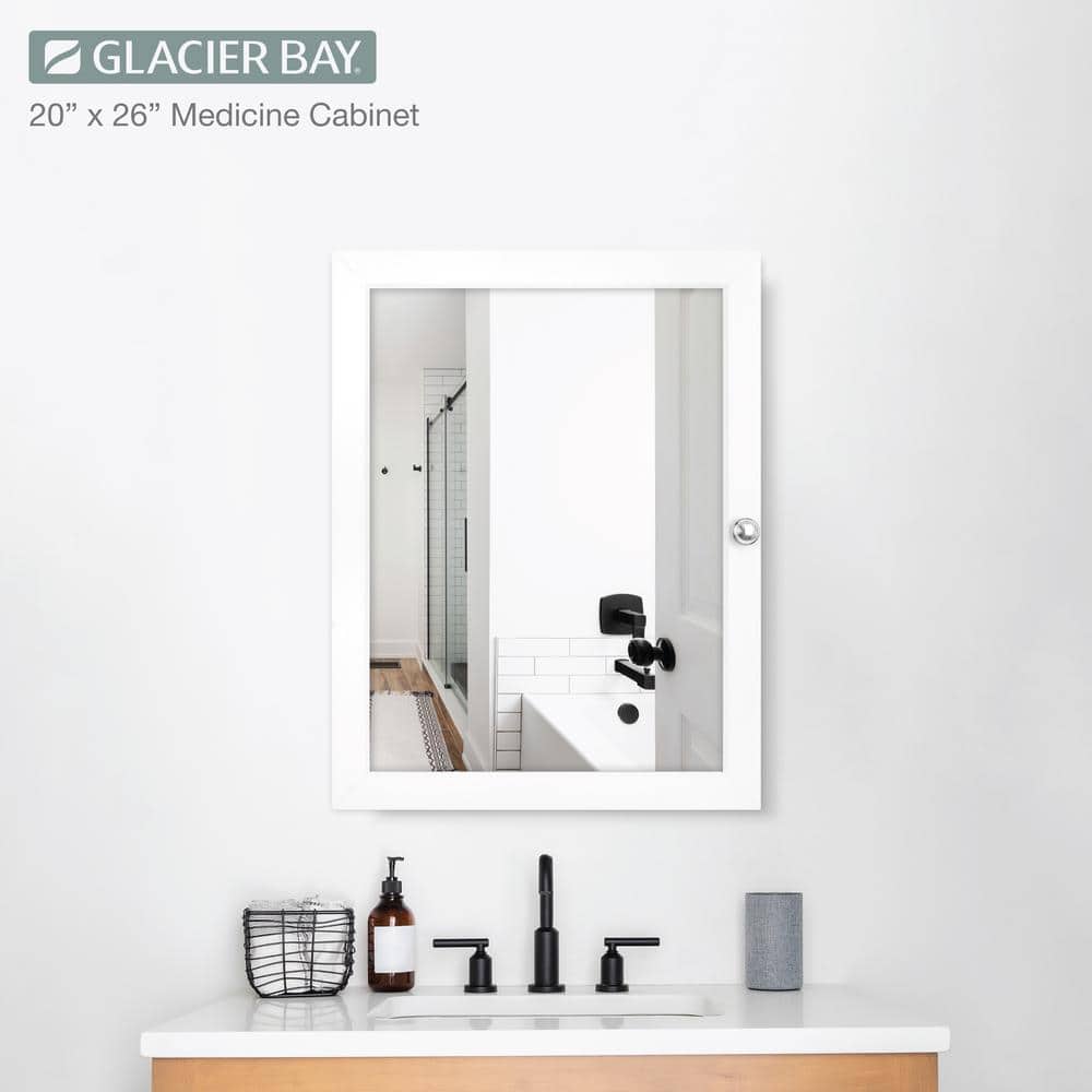 Glacier Bay 20 in. W x 26 in. H Rectangular Framed Recessed or Surface-Mount Bathroom Medicine Cabinet with Mirror, White (3)