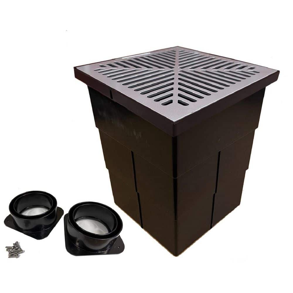 U.S. TRENCH DRAIN 18 in. x 14 in. Polypropylene Square Catch Basin Storm Water Pit Trench Channel Drain System, Laser Cut Aluminum Grate