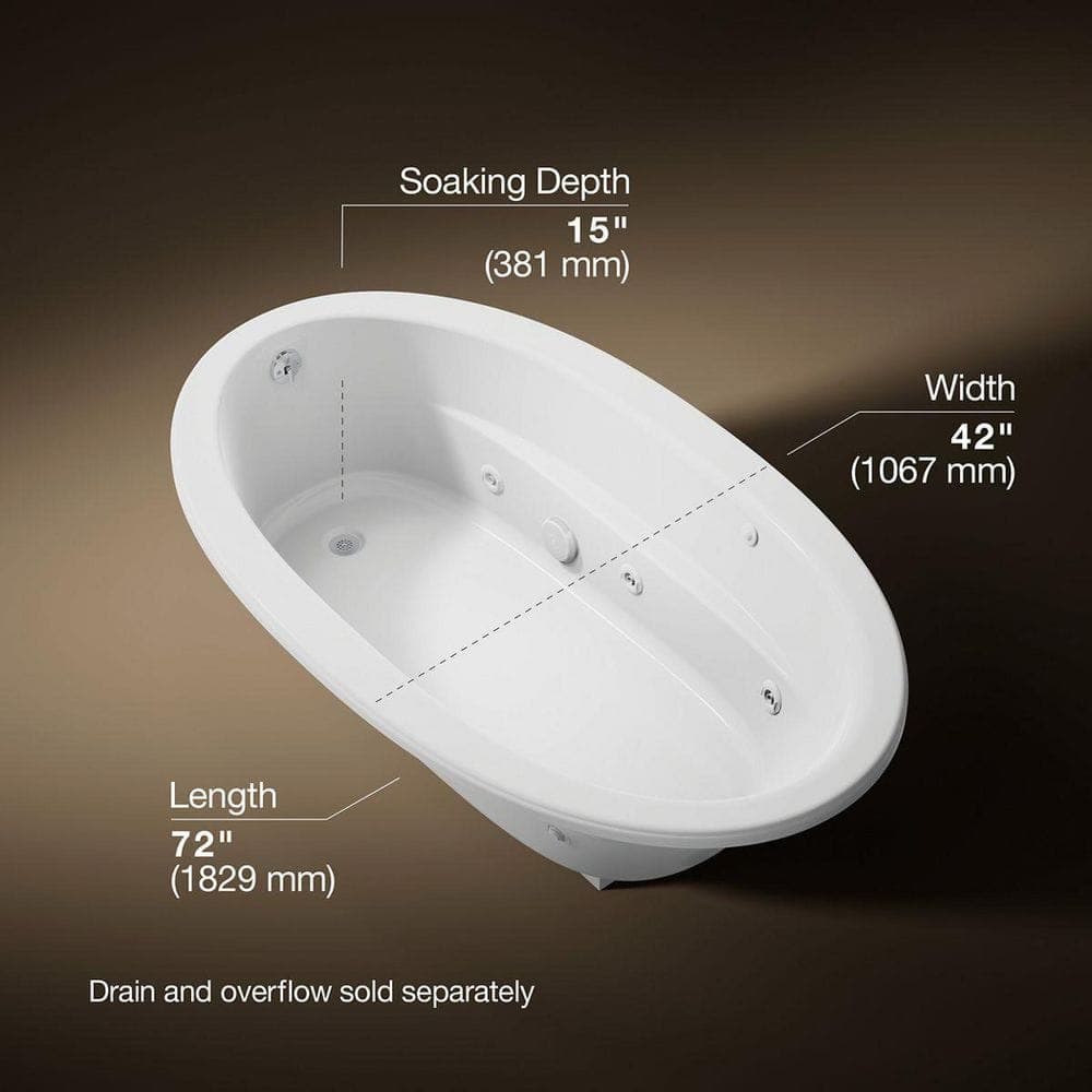 KOHLER Sunward 72 in. Oval Drop-in Whirlpool Bathtub in White with Heater (3)