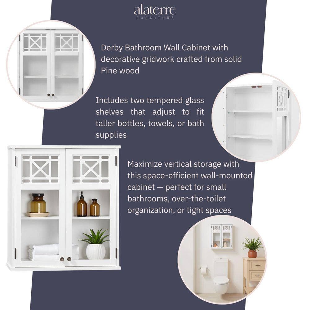 Alaterre Furniture Derby 27 in. W x 8 in. D x 29 in. H White Wood Wall Mounted Bath Storage Cabinet with Glass Cabinet Doors (3)