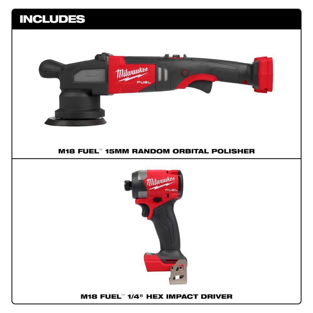Milwaukee M18 FUEL18V Lithium-Ion Brushless Cordless 15MM DA Polisher w/ Impact Driver (2)