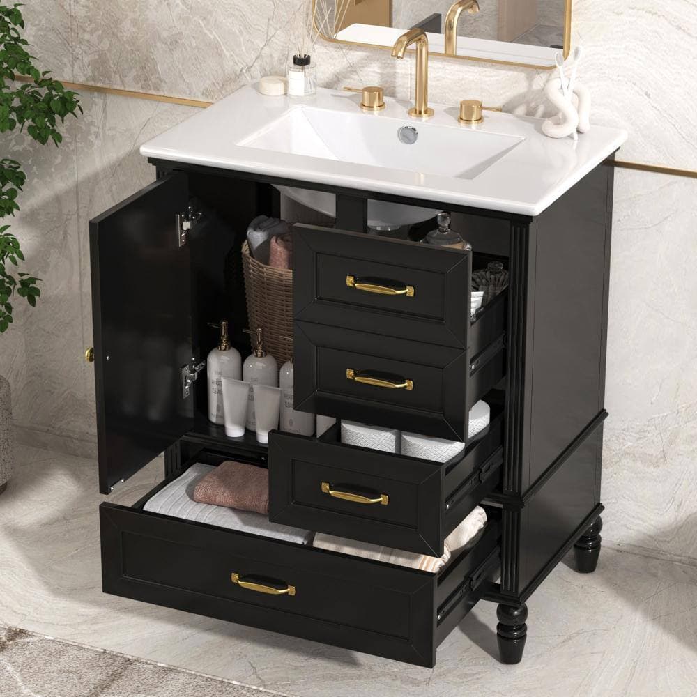 Flynama 30" Black Vanity Sink,1 Door+3 Drawers,Wood Legs & Adjustable Foot Pads (2)