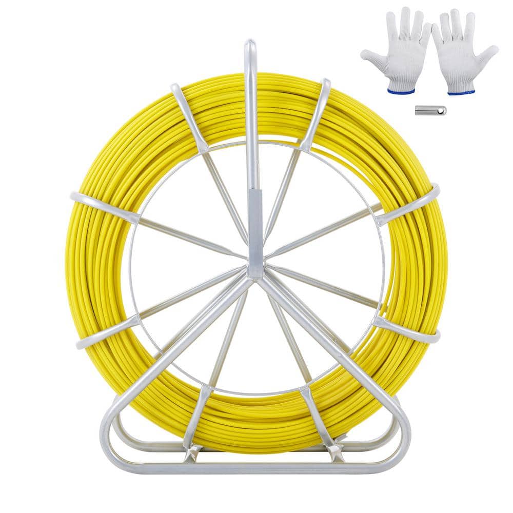 SKYSHALO Fish Tape Fiberglass, 600 ft. 5/16 in. Duct Rodder Fishtape Wire Puller, Cable Running Rod with Steel Reel Stand (1)