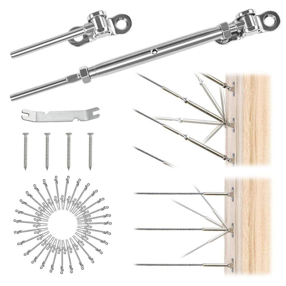 Afoxsos 30 Pairs .125 in. W Cable Railing Kit: Swage Turnbuckle for Wood Post, Stainless Steel (1)