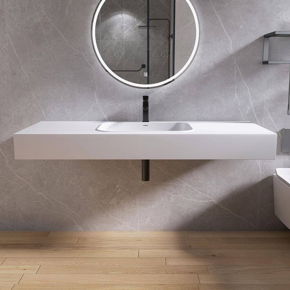 MEDUNJESS 59 in. x 21.5 in. Solid Surface Wall-Mounted Bathroom Vessel Sink in White with Faucet Hole (3)