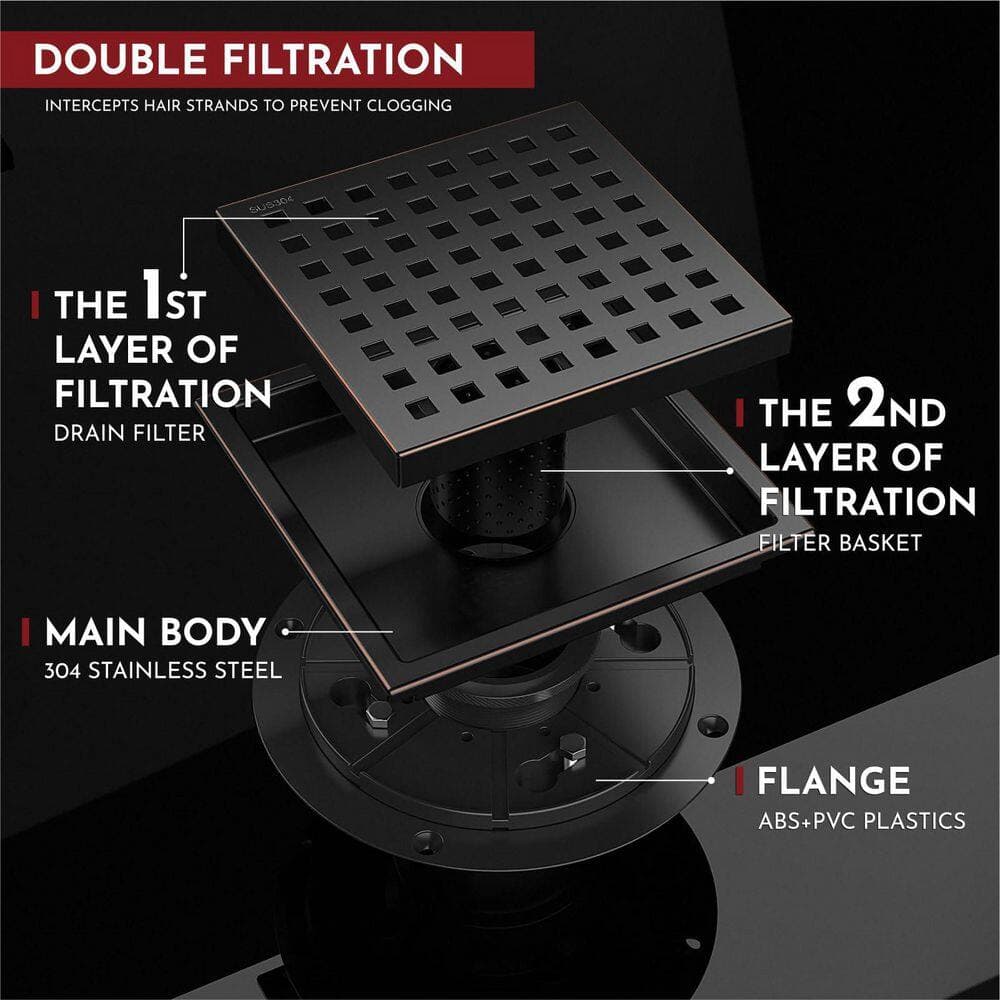 Helhom Oil Rubbed Bronze 6 in. Square Food-Grade SUS 304 Stainless Steel Shower Floor Drain with Flange (3)