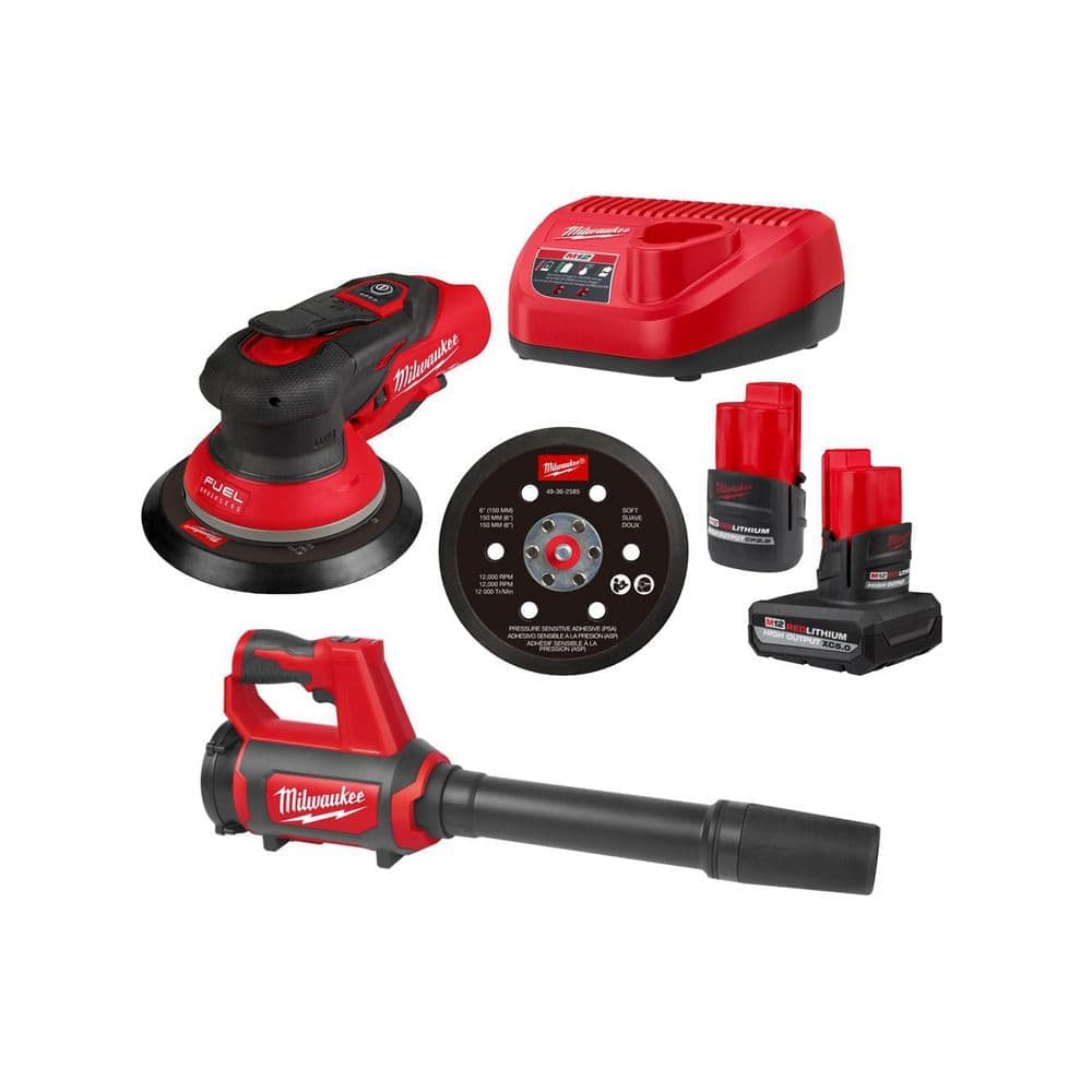 Milwaukee M12 FUEL 12-Volt Li-Ion Brushless Cordless 6 in. Random Orbital Sander Kit (3/32 in) w5. 0Ah, 2. 5Ah Batteries, &Blower (1)