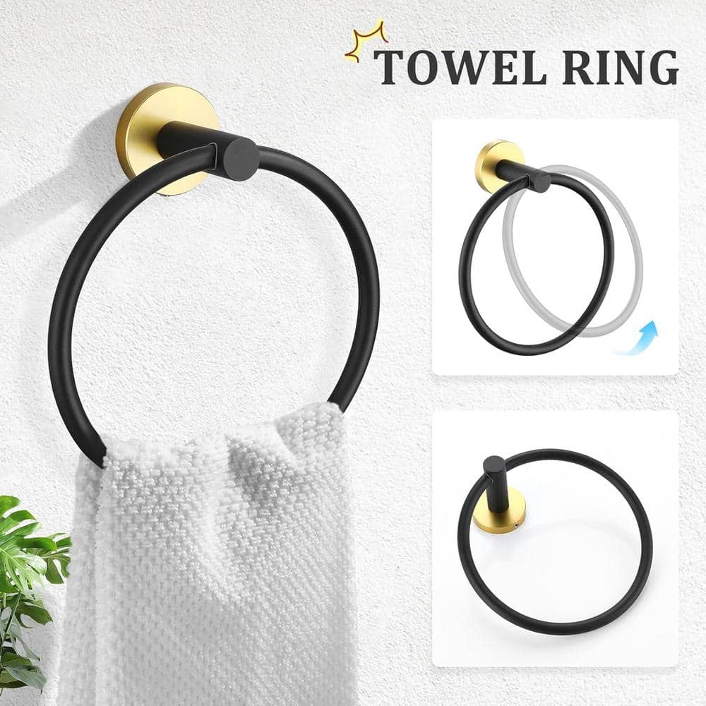 Unbranded 5-Piece Stainless Steel Bath Hardware Set-24 in. Towel Bar, Ring, 2 Robe Hooks and Toilet Paper Holder in Gold and Black (3)