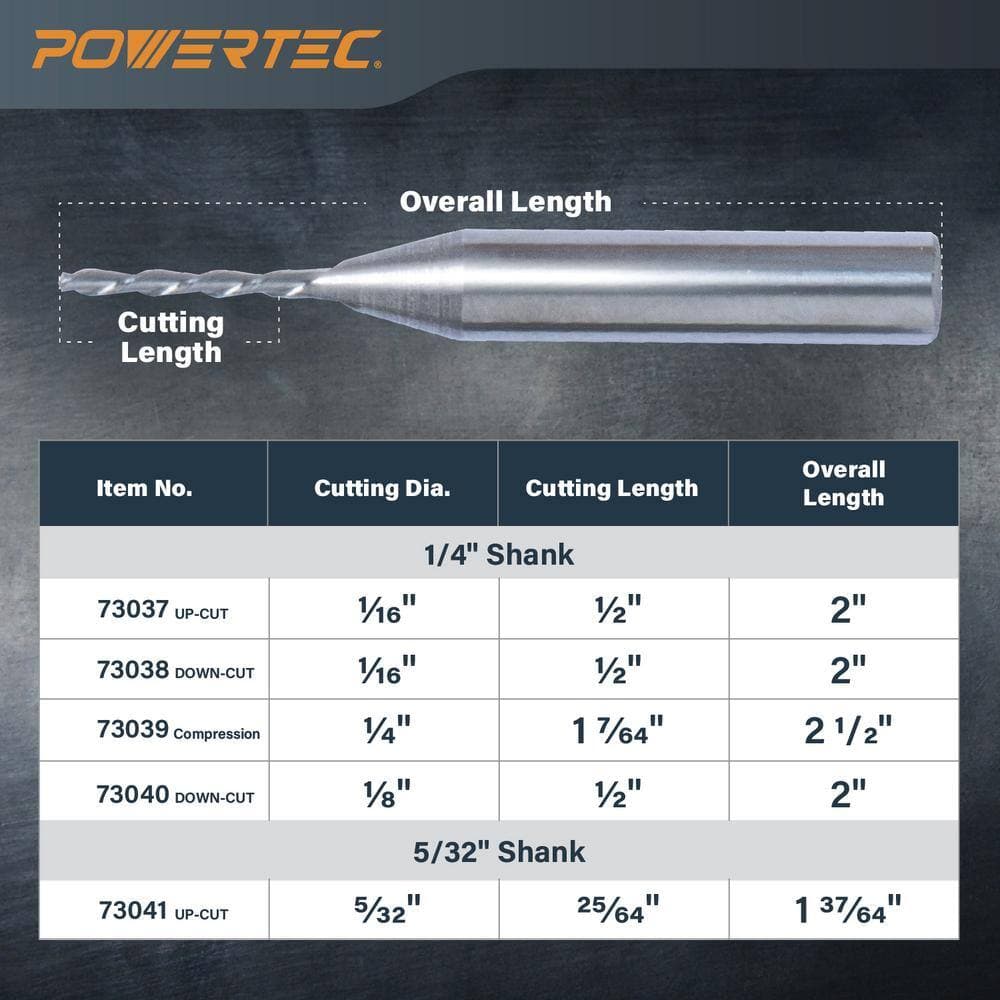 ‎POWERTEC 1/16 in. x 1/4 in. Shank Down Cut Tungsten Carbide Spiral Router Bit (3-Pack) (2)
