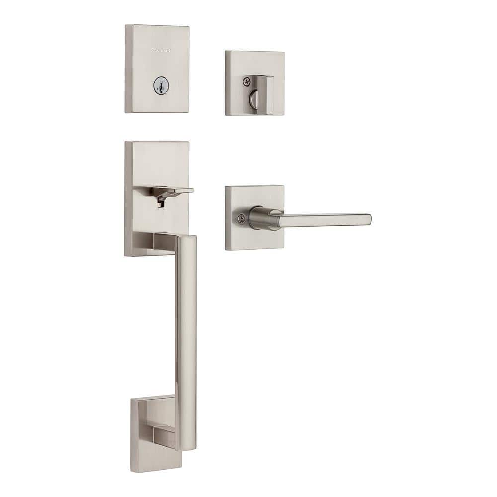 Kwikset San Clemente Low Profile Satin Nickel Single Cylinder Entry Door Handleset w/ Halifax Door Handle feat SmartKey Security