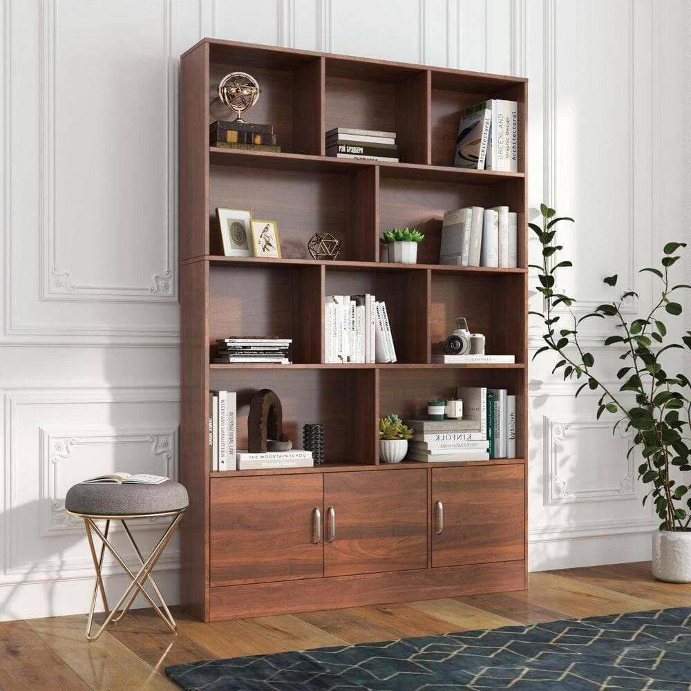 Tahanbath 9.45 in. W x 47.24 in. D x 70.87 in. H Walnut Wood Freestanding Linen Cabinet with 10-Cubes and 3-Doors in Brown (2)