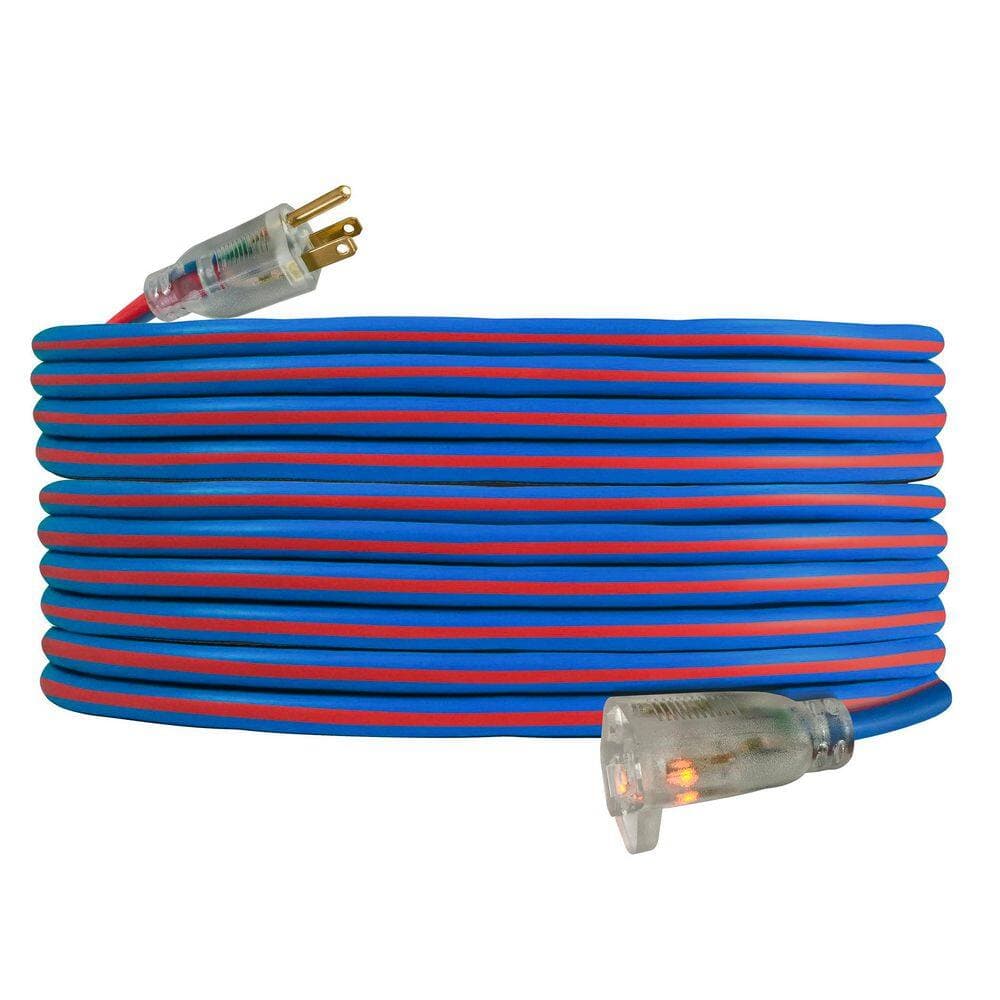 US Wire and Cable Extreme 100 ft. 14 / 3 Cold Weather Indoor/Outdoor Extension Cord with Lighted End, Blue (2)