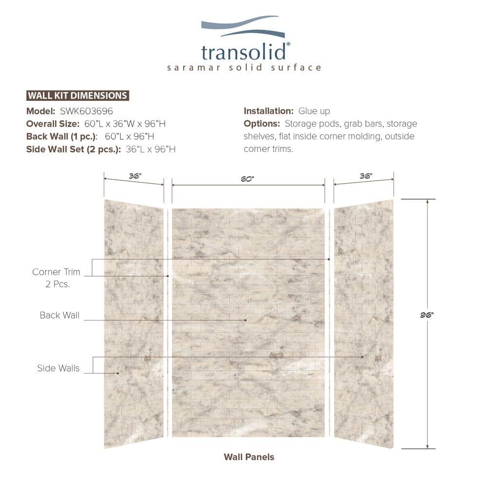 Transolid SaraMar 36 in. x 60 in. x 96 in. 3-Piece Easy Up Adhesive Alcove Shower Wall Surround in Sand Creme (3)