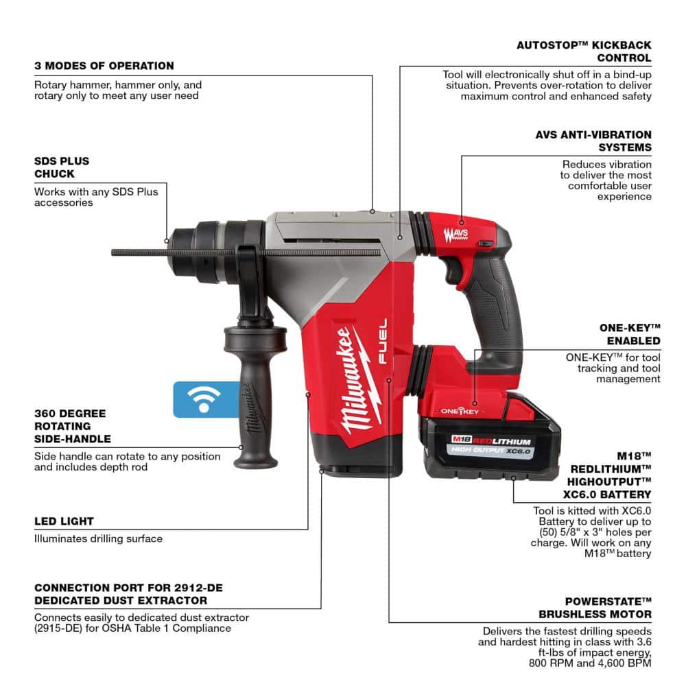 Milwaukee M18 FUEL 18V Lithium-Ion Brushless Cordless Rotary Hammer/Dust Extractor Kit w/1/2 in. Impact Wrench (2)