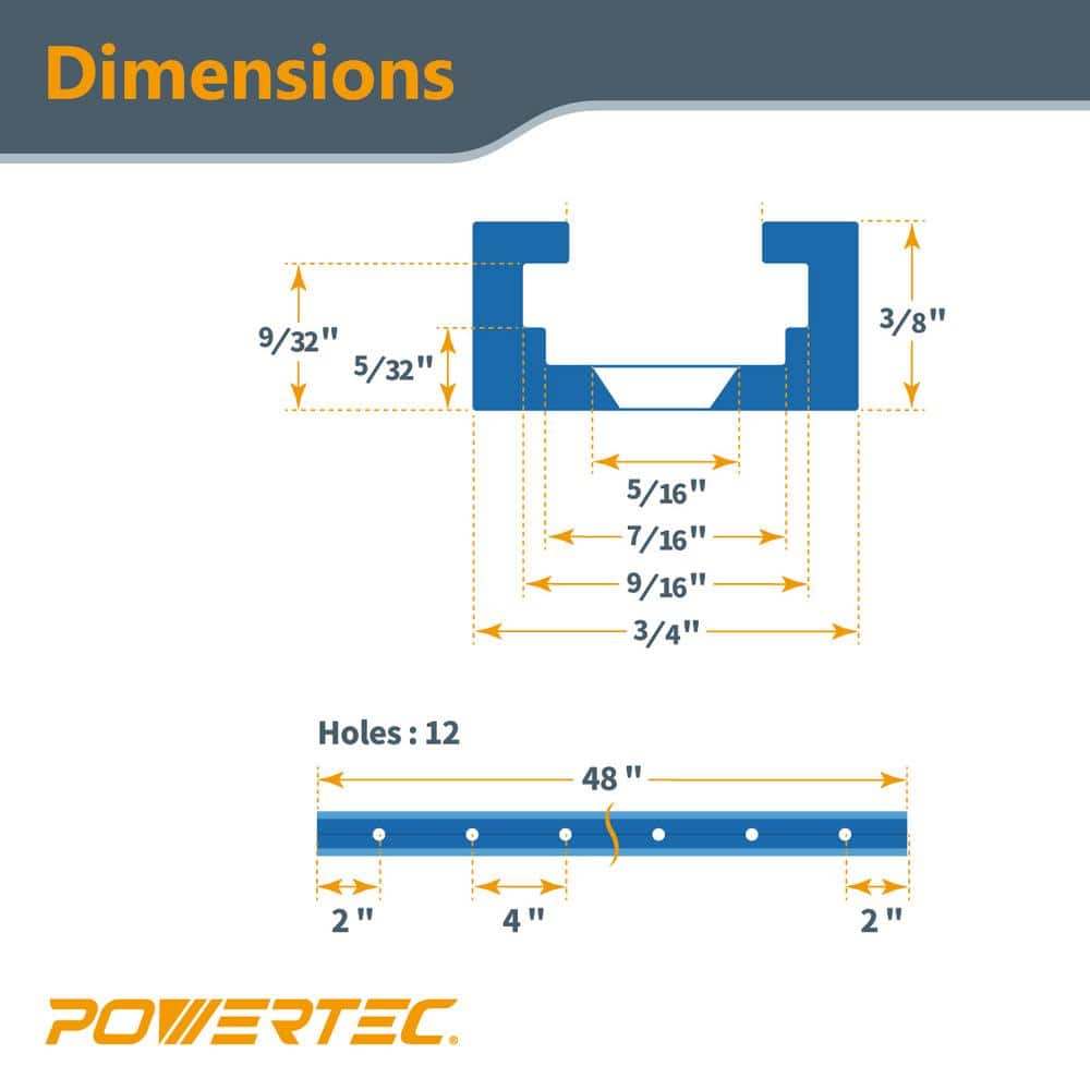 ‎POWERTEC 48 in. Universal Double-Cut Profile T track with Predrilled Mounting Holes and 100PCS Wood Screws (3)