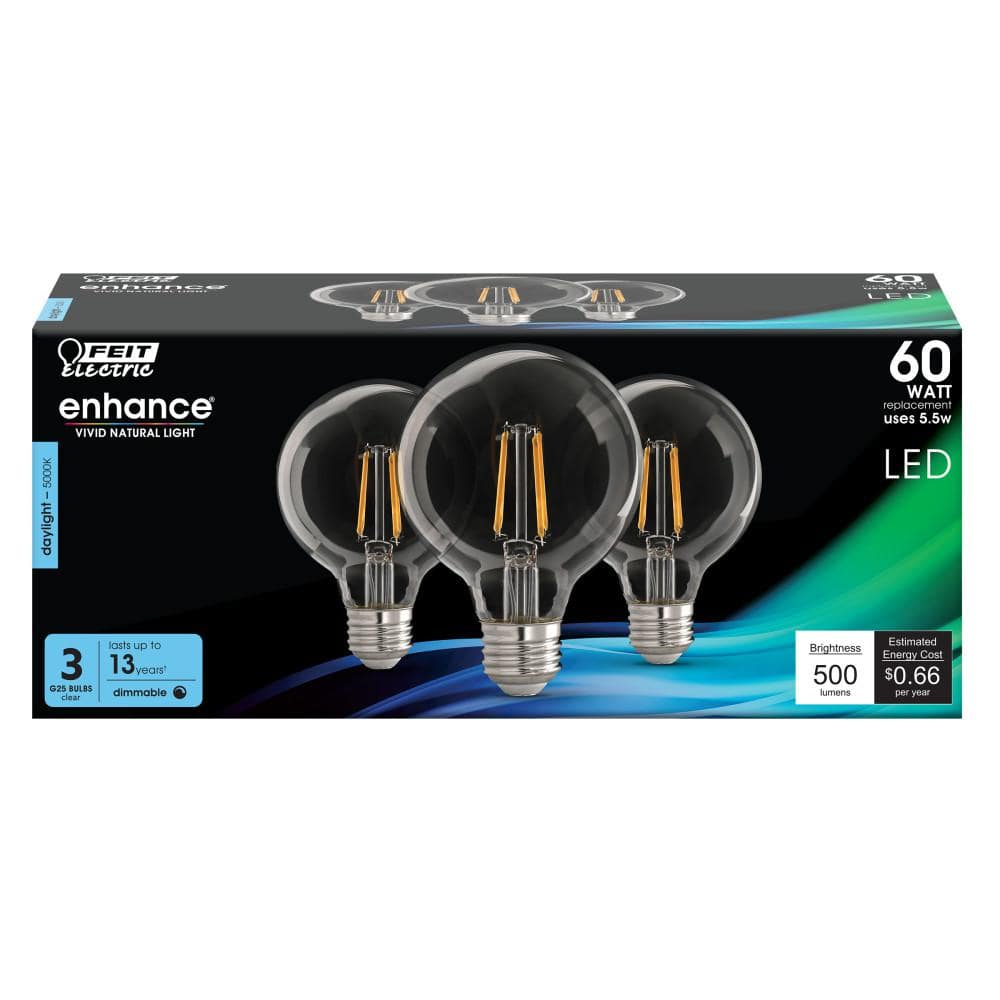 Feit Electric 60-Watt Equivalent G25 Globe Dimmable Filament Clear CEC Title 20 E26 LED Vintage Edison LIght Bulb Daylight 3-Pa (4)
